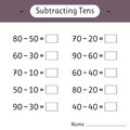 Subtracting Tens. School education. Math worksheets for kids. Development of logical thinking. Mathematics Royalty Free Stock Photo