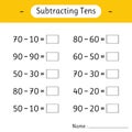 Subtracting Tens. School education. Math worksheets for kids. Mathematics. Development of logical thinking Royalty Free Stock Photo