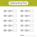 Subtracting Tens. School education. Mathematics. Math worksheets for kids. Development of logical thinking Royalty Free Stock Photo