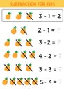 Subtraction of cartoon pineapples for kids.