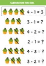 Subtraction with green Halloween spider muffin. Game for kids.