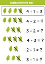 Subtraction with green leaf. Basic math for kids.