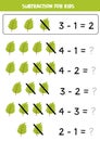 Subtraction with green leaf. Educational math game for kids