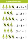 Subtraction with green umbrella. Educational math game for kids