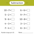 Subtraction. Number range up to 10. Math worksheet for kids. Mathematics. Solve examples and write. Developing numeracy skills