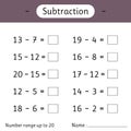 Subtraction. Number range up to 20. Math worksheet for kids. Solve examples and write. Mathematics. Developing numeracy skills