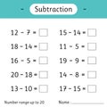 Subtraction. Number range up to 20. Mathematics. Math worksheet for kids. Solve examples and write. Developing numeracy skills