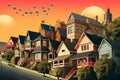 Suburb houses at beautiful sunset landscape, suburban street with residential cottages, countryside