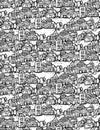 Suburb houses trees fields doodles black and white seamless pattern