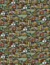 Suburb houses trees fields panorama seamless pattern Royalty Free Stock Photo