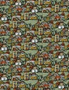 Suburb houses trees fields panorama seamless pattern