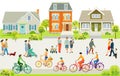 Suburb With Pedestrians And Families On The Sidewalk Illustration