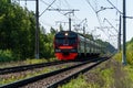 Suburban electric train arrives at the station Novy Peterhof Royalty Free Stock Photo