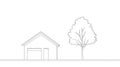 Simple Line Art House with Garage and Tree Outline, Architectural Drawing Style Royalty Free Stock Photo
