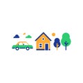 Suburban home with car, summer house, country side, real estate, vector icon