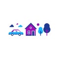 Suburban home with car, summer house, country side, real estate, vector icon