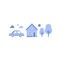 Suburban home with car, summer house, country side, real estate, vector icon