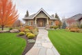 suburban home with a perfect lawn and flagstone walkway