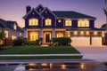 Suburban Home at Twilight - Golden Hour Washing Over the Brick Facade, Neatly Trimmed Front Lawn, Modern Elegance