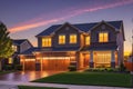 Suburban Home at Twilight - Golden Hour Washing Over the Brick Facade, Neatly Trimmed Front Lawn, Modern Elegance