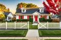 Suburban House Bathed in Golden Hour Light - Front Lawn Freshly Mowed, White Picket Fence, For Sale Royalty Free Stock Photo