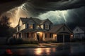 Suburban House With Dramatic Lighting Thunder Storm Above - Generative AI