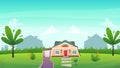 Suburban house on green grass front lane with bush fence . funny peasful happy landscape village family home in cartoon style . ve Royalty Free Stock Photo