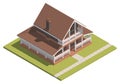 Suburban House isometry. Hyper detailing isometric view of a isolated house with a brown roof. 3D family house for video games or