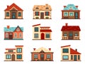 Suburban house. Living houses, housing roof building and home facade vector flat illustration