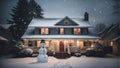 Suburban house in winter holiday season with snowman Royalty Free Stock Photo