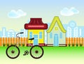 Suburban Houses Front View Building and bicycle with wooden fence and city silhouette.