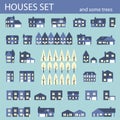 Suburban houses set. Houses exterior flat design front view with roof and some trees. Collection of houses icons Vector