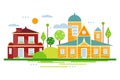 Suburban houses, summer urban landscape vector illustration in flat style Royalty Free Stock Photo