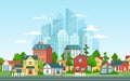 Suburban landscape. Urban architecture, small and big city buildings. Suburbans houses cartoon vector illustration Royalty Free Stock Photo