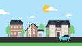 Suburban neighborhood houses landscape, vector illustration small town decoration