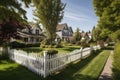 suburban neighborhood with picket fence and well-manicured lawns