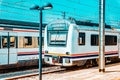 Suburban railway train at the railways stantion Royalty Free Stock Photo