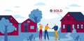 Suburban real estate vector illustration, cartoon flat realtor agent character handshaking with buyer people near house