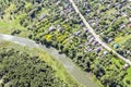 Suburban residential district near river. birds eyes view