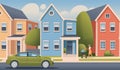 Suburban street. Private two-story houses, sleeping area. Pedestrian and passing cars. The concept of a quiet country life Royalty Free Stock Photo
