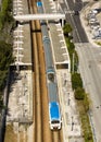 Suburban train leaving the Sete Rios railway station in Lisbon Portugal