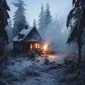 suburban two-story home illuminated in the night, surrounded by a blanket of snow Royalty Free Stock Photo