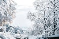 Suburban village covered with snow, winter weather and frosting