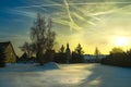 Suburbs of Leipzig in the winter Christmas day, the old church and the footprints in the snow Royalty Free Stock Photo