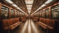 A subway car filled with lots of wooden benches, illustration, Generative AI Royalty Free Stock Photo