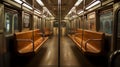 A subway car filled with lots of wooden benches, illustration, Generative AI Royalty Free Stock Photo