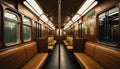 A subway car filled with lots of wooden benches, illustration, Generative AI Royalty Free Stock Photo