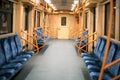 Subway car interior in Ukraine. Empty subway carriage, panorama inside old metro train. Royalty Free Stock Photo