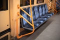 Subway car interior in Ukraine. Empty subway carriage, panorama inside old metro train. Royalty Free Stock Photo