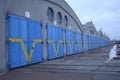 Subway car shed: empty tracks and wooden gates of the maintenance hall Royalty Free Stock Photo